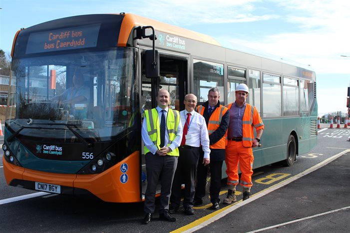 Cllr. King at new bus lane on Port Road, Wenvoe